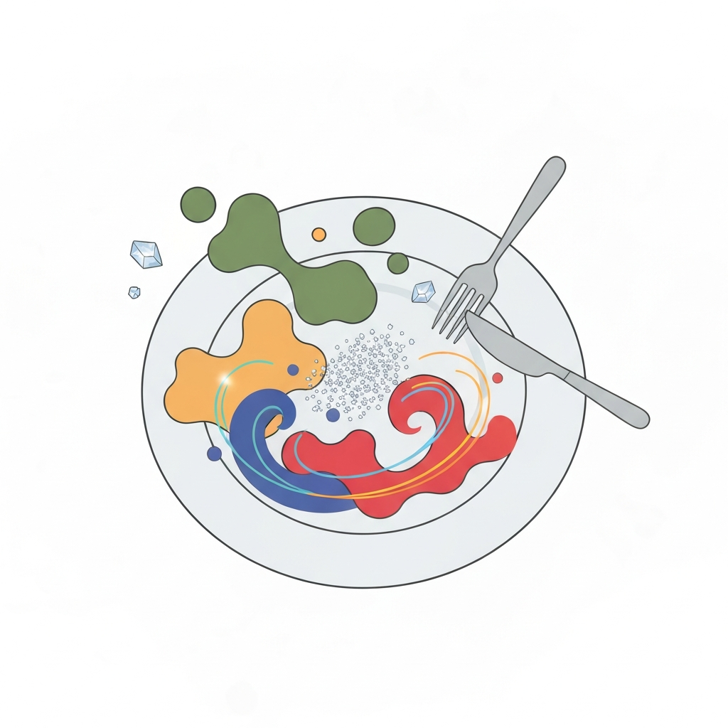 Unhealthiest Texas Roadhouse Items: What to Avoid 3 A stylized flat illustration depicting a dining plate being metaphorically 'overloaded' with various ingredients commonly found in unhealthy dishes. Abstract, blob-like shapes in muted colors represent excessive fat, while shimmering, crystalline particles symbolize high sodium, and vibrant, energetic swirls suggest high calories. A single fork or knife is positioned as if attempting to manage the abundant, visually heavy meal. The background is clean and simple, emphasizing the conceptual nature of the illustration, highlighting the idea of nutritional excess.